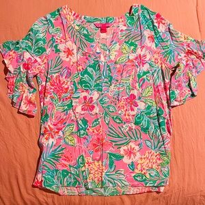 Lily Pulitzer Floral Pink and Green Women's Top with ruffled edged short sleeves